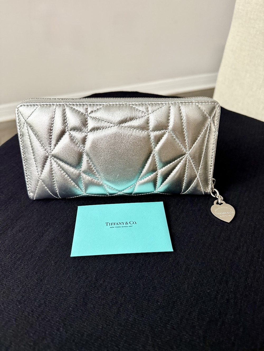 Tiffany & Co. Metallic Silver Quilted Zip-Around Wallet
